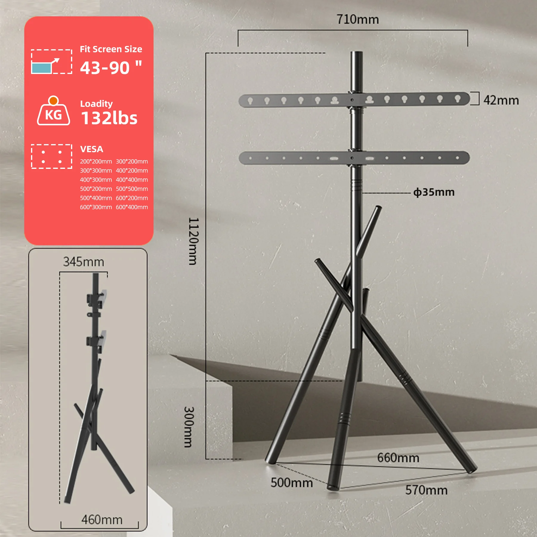HILLPORT Artistic Easel TV Floor Stand for 32-75 Inch Screen, Tripod tv Stand Height Adjustable, Suitable for Bedroom, Black view 5