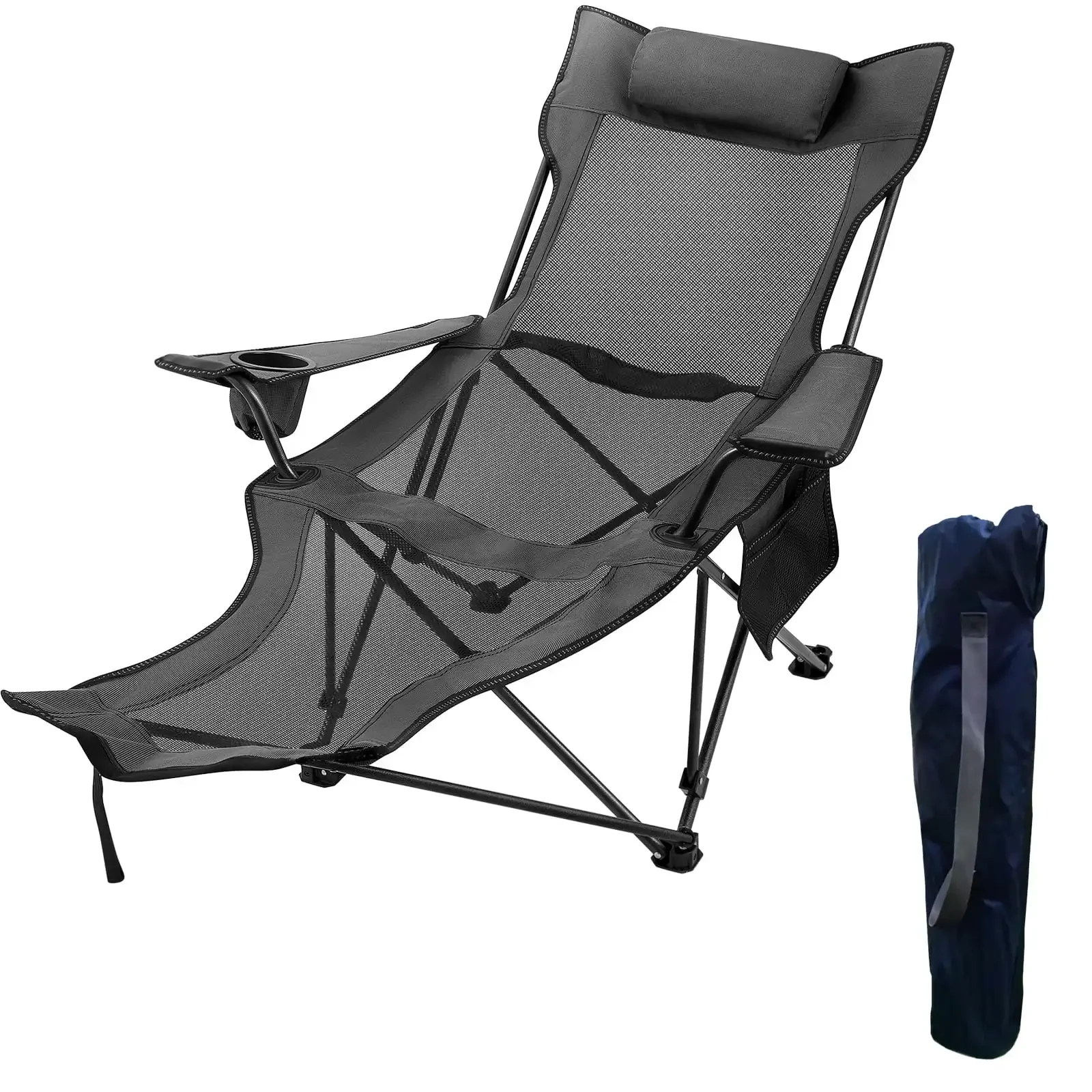 

VEVOR Folding Camp Chair 330 lbs Capacity w/ Footrest Mesh Lounge Chair, Cup Holder and Storage Bag, Gray