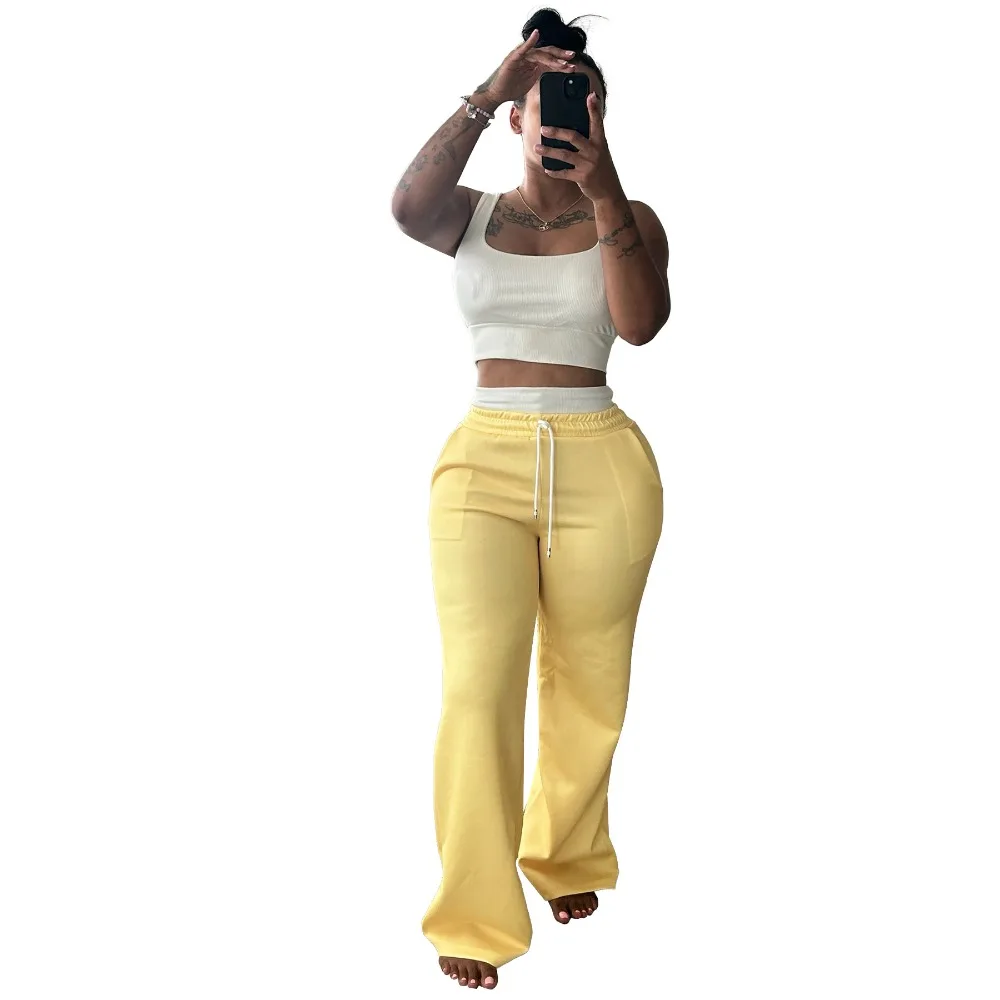 طقم صيفي نسائي أوروبي وأمريكي لعام 2025 - حزام خصر مزدوج عالي الخصر وواسع الساق