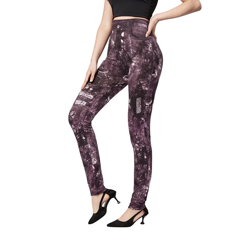 CUHAKCI Breathable Purple Leaves Printed Jeggings Faux Denim Pants Workout Yoga Leggings Women Stretch Workout Slim Fit Tights