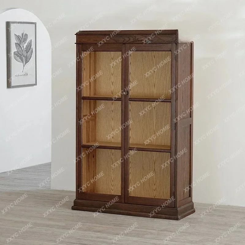 

Rural Retro Old Home Solid Wood Glass Display Cabinet Bookcase, Japanese Antique Replica High Dining Side Cabinet