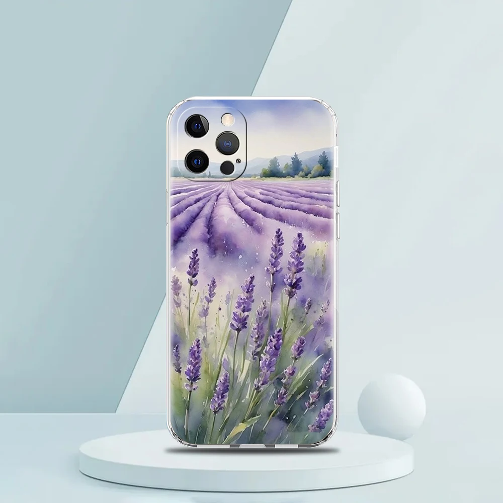 حافظة هاتف شفافة ناعمة من البولي يوريثان لهاتف آيفون 16 15 14 13 12 11 Pro Max XR 8 7 Plus XR حقائب بنمط الخزامى المقاوم للصدمات