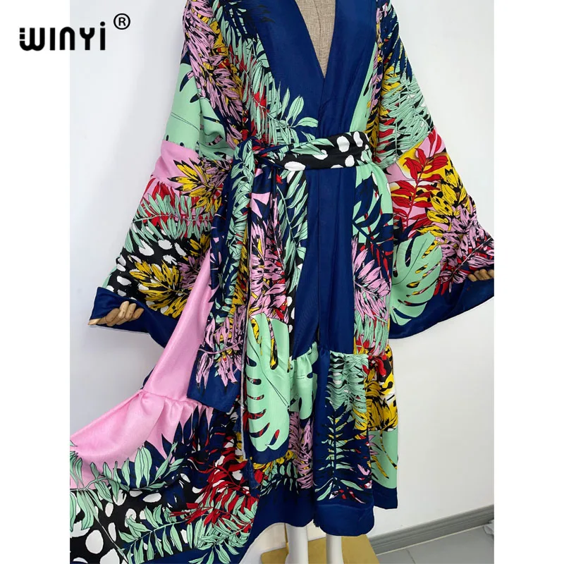 Europe WINYI Women kimono fashion Vintage Totem Floral boho caftan Print Waist seal abaya Dress long Sleeve Casual Vestidos