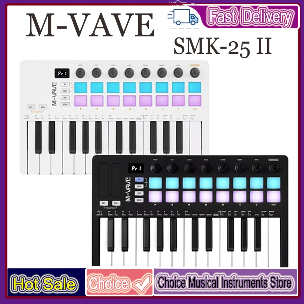 

M-VAVE SMK-Ⅱ 25-клавишный MIDI-контроллер с 16 подсвечиваемыми драм-пэдами, Bluetooth, полувзвешенная профессиональная динамическая клавиатура