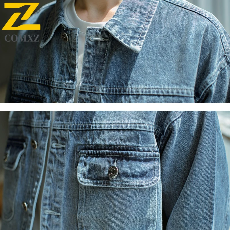 New Vintage Denim Jacket Men Trendy Loose Plus Size Turndown Collar Jackets Outdoor Adventure Streetwear Windproof Outerwear