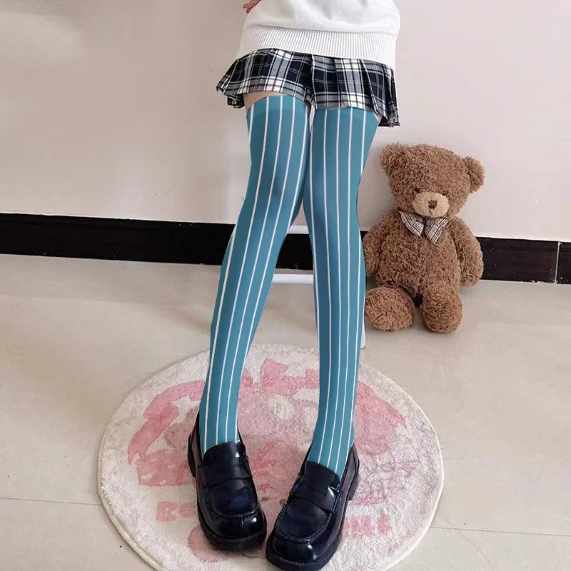 

New cyan blue white striped anime stockings ladies sexy thigh socks sweet Lolita calf socks cute girl party comic-con Cosplay