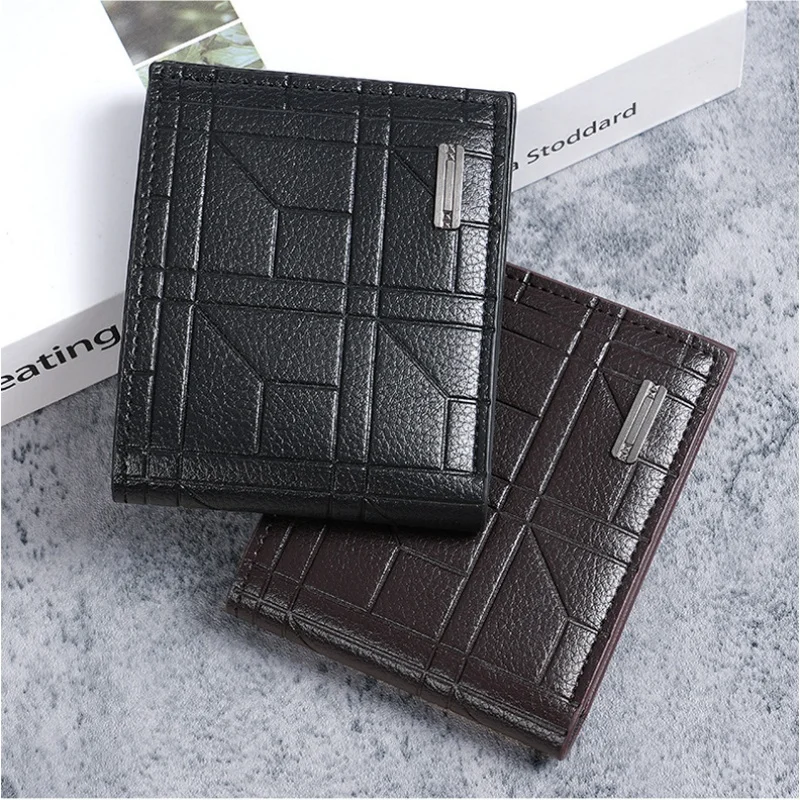 New Brand Men'S Wallet Men'S Short Wallet Youth Fashion Plaid Horizontal Soft Leather Wallet Large Capacity Multi Card Wallet