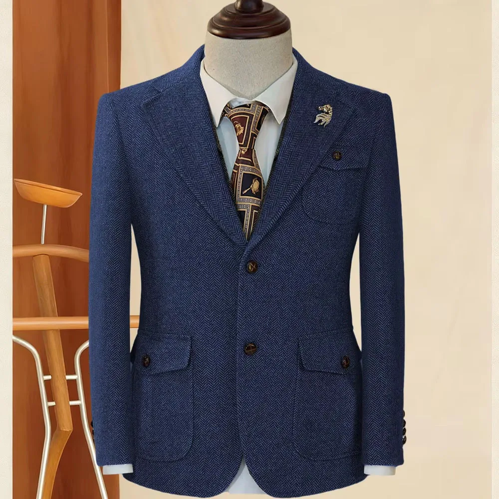Men's Herringbone Tweed Blazer Classic Retro British Style Slim Fit Suit Jackets Single-Breasted Men Sport Coats Blazer