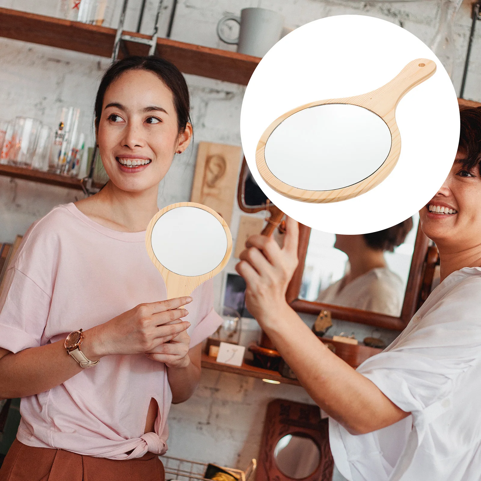 Wooden Handle Portable Makeup Mirror For Women Travel Vanity Handheld Compact Dressing Mirror For Home Bathroom Bedroom