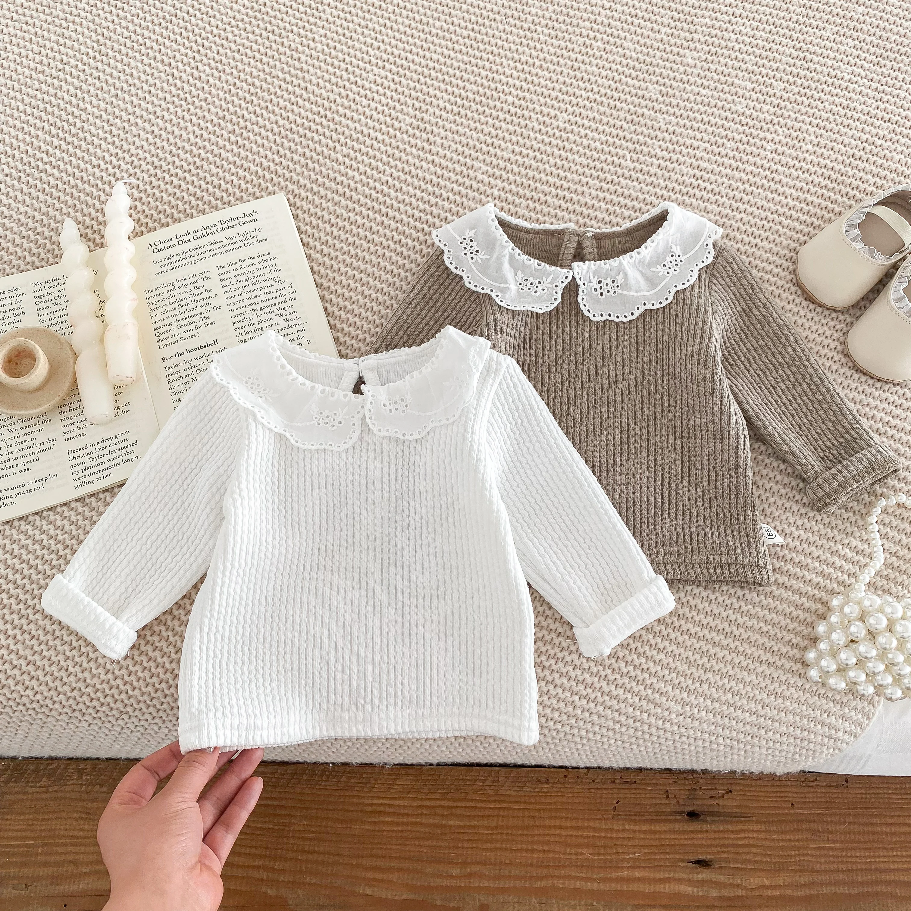 Korean Baby Girls Long Sleeves Shirt Thick Cotton Lace Collar Baby Top Children Clothes 0-24Months