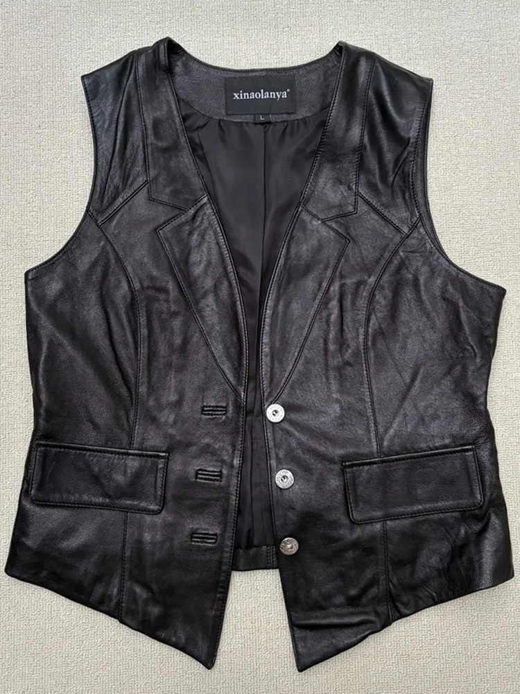

Genuine Lambskin Leather Jaet Women's V-ne Suit Collar eepskin Vest Tank Top ort Length Single Button Warmth Function