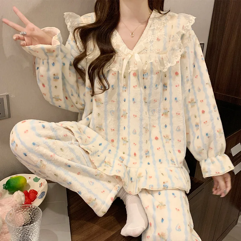 

Модная домашняя одежда, пижамный комплект, одежда для сна из кораллового флиса, женская зимняя толстая бархатная одежда с героями мультфильмов, милая осенне-зимняя домашняя одежда для девочек