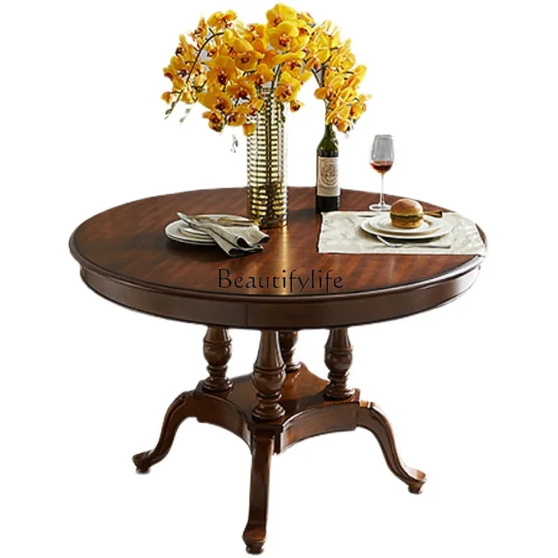 

ls 35 American-style Solid Wood Dining Table Vintage Home Small Apartment Round Dining Table