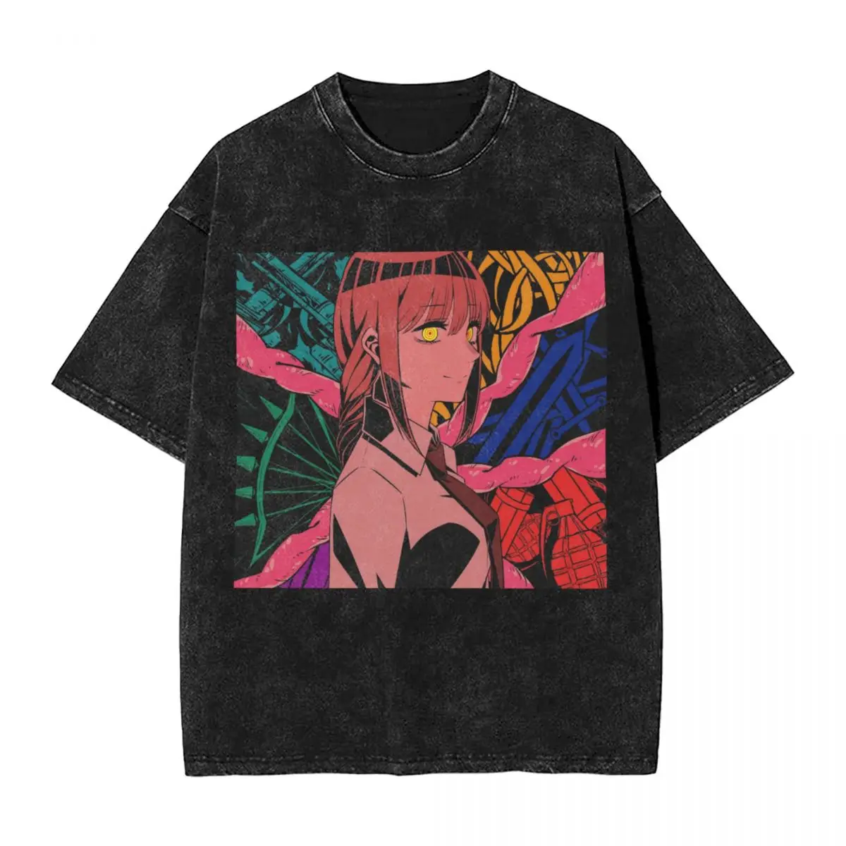 Makima Chainsaw Man Anime Tops Washed T Shirt Streetwear Hip Hop Novelty T-Shirt for Men Women Oversize Printed Tops