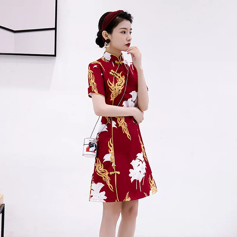 New Chinese Traditional Red Short-sleeved Improved Cheongsam Qipao Dress for Middle-aged and Elderly Mothers Ao Dai Vietnam