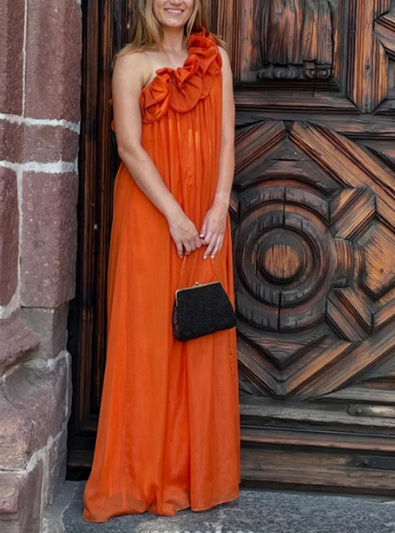 

Summer New Women's Dress 3D Floral Embossed Off Shoulder Backless Pleated Skirt Long Sleeve Half Open Neck Ankle Long