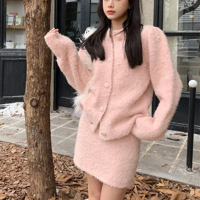 

Hsa Autumn Winter Pink Sweater Suits Sweet Women Button Up Knitted Midi Skirt Button Cardigan +A-line Skirt 2PCS Women Suit