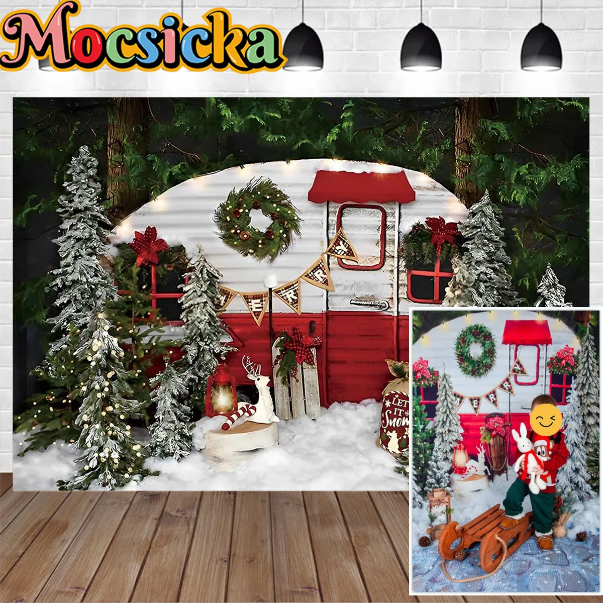 

Christmas Backdrop Winter Snow Wreath Gift Forest Tree Farm Family Portrait Photography Background Car Decoration Studio Booth