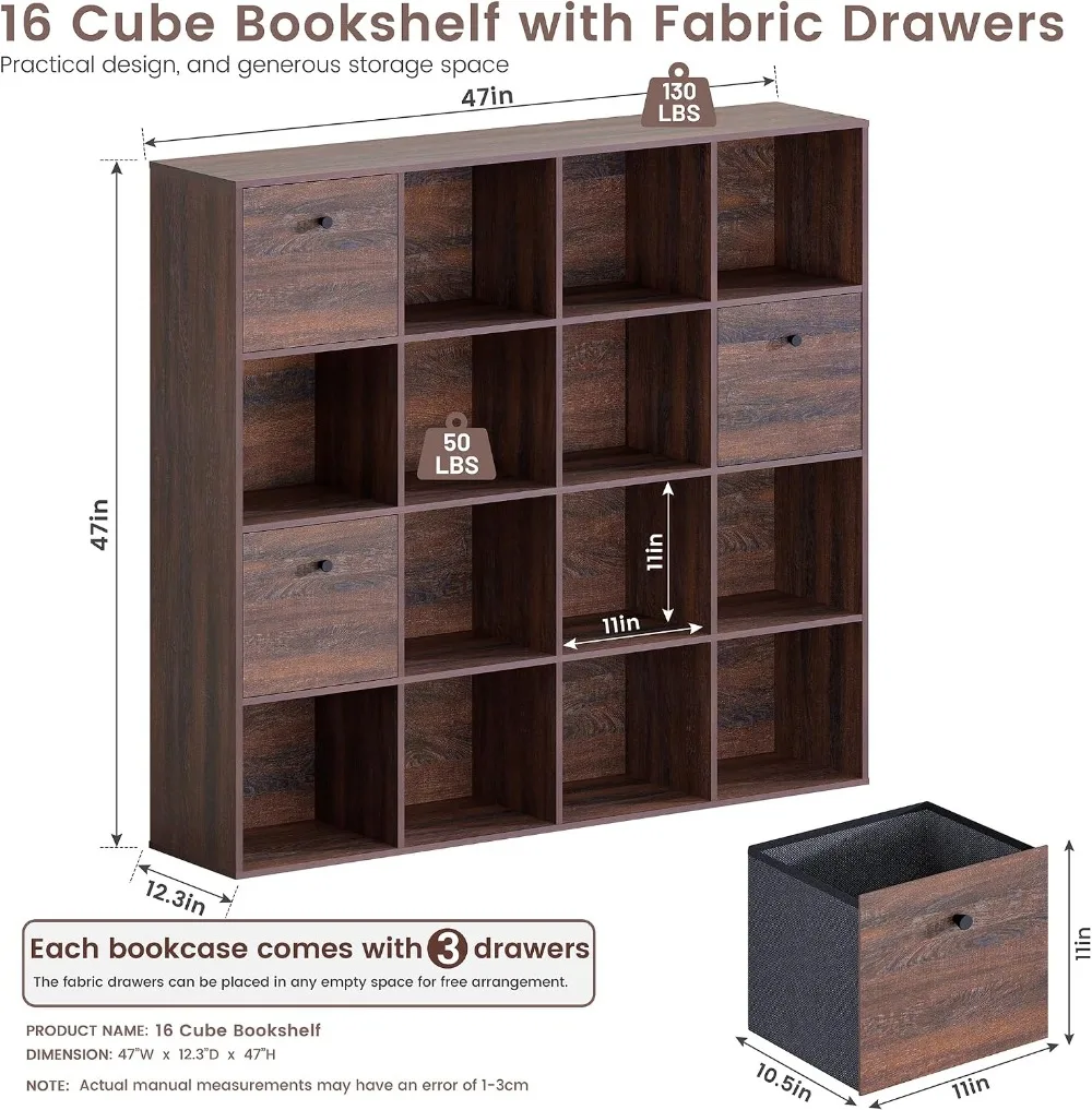 16 Cube Storage Organizer, Wooden Bookcase with 3 Drawers, 4-Tier Shelf, 47