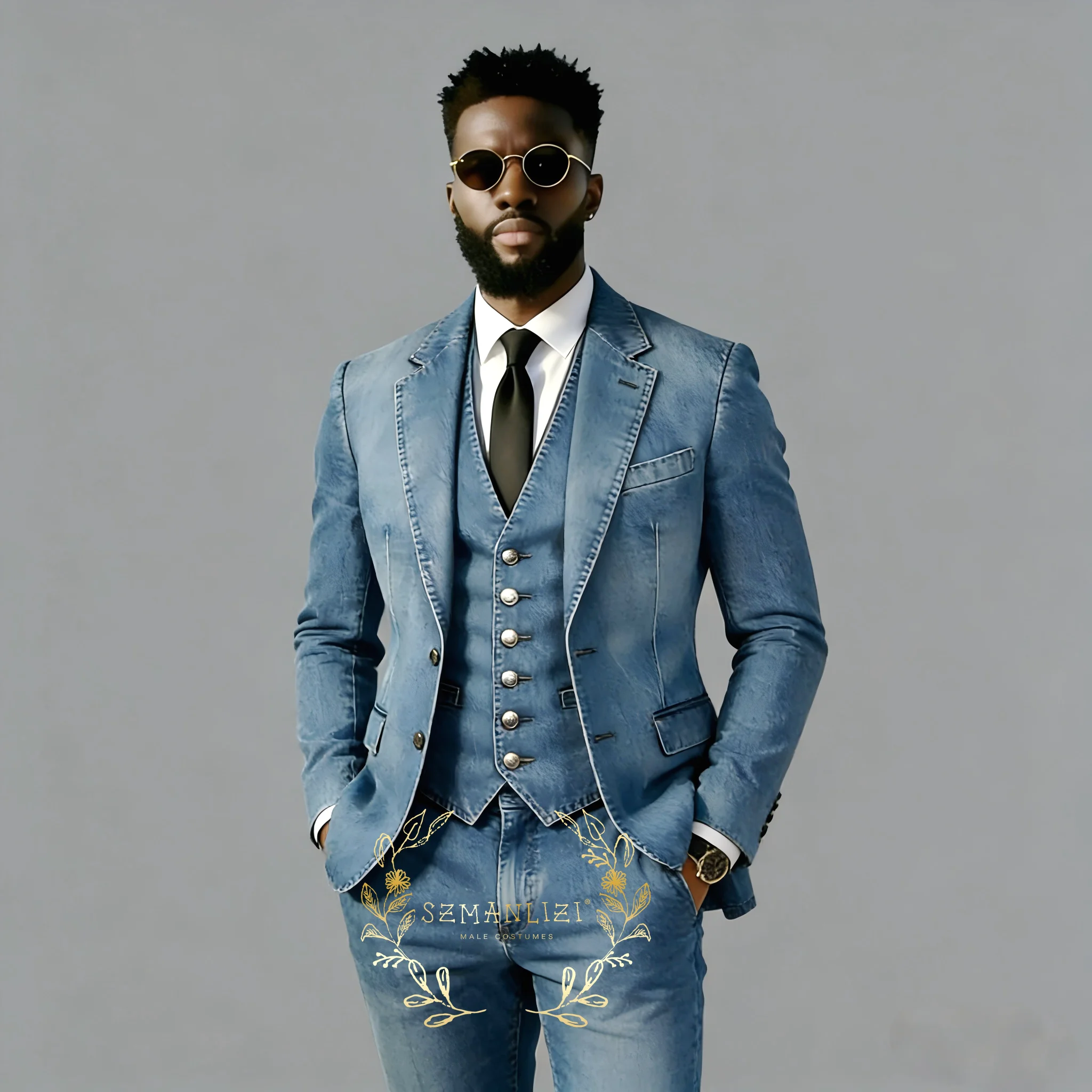 

Fashion Design Men's Clothing Denim Suit 3pcs Single-breasted Blazer Vest Pants Elegant Wedding Evening Party Tuxedos Bespoke