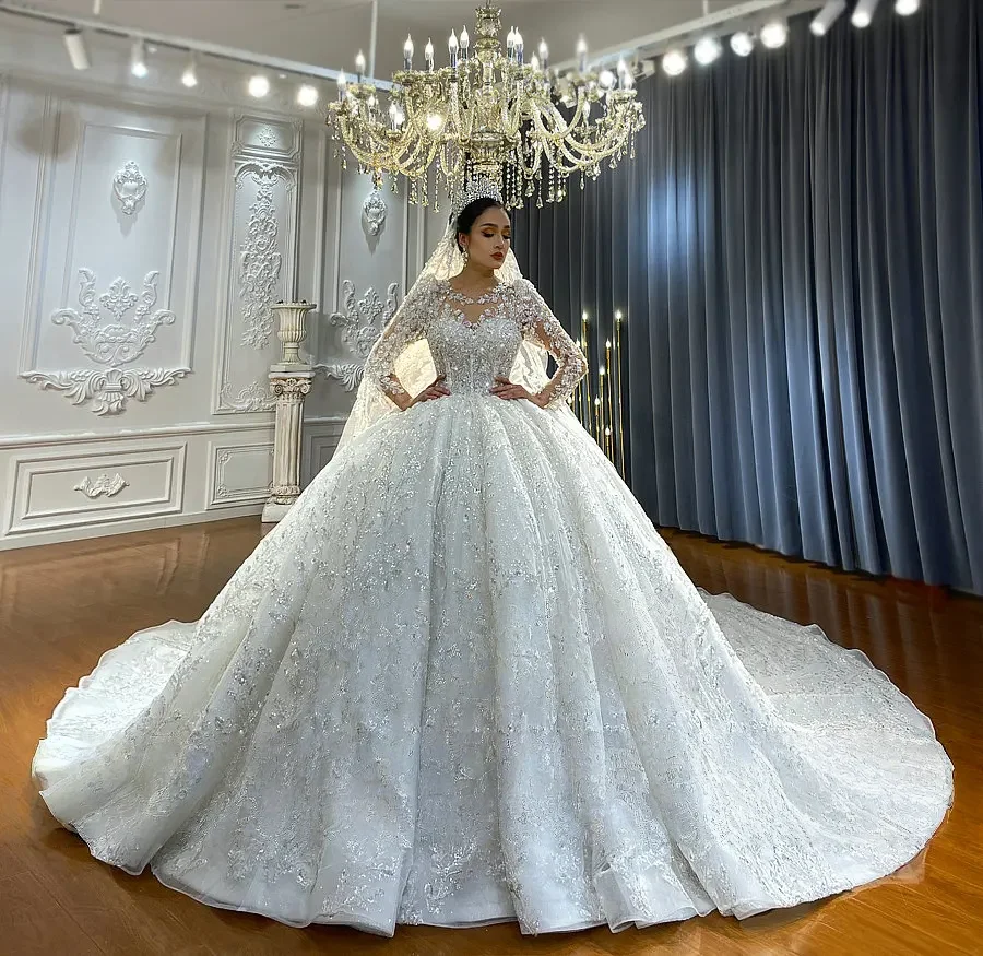 

Customized Gorgeous Long Sleeves Wedding Dress For Women Sequins Appliques Bridal Gown high-Neck Bridal dress Vestido De Novia
