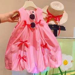 New Girl's Bow Pleated Sweet Solid Color Flower Bud Princess Vest Dress2024Summer New-WSNY