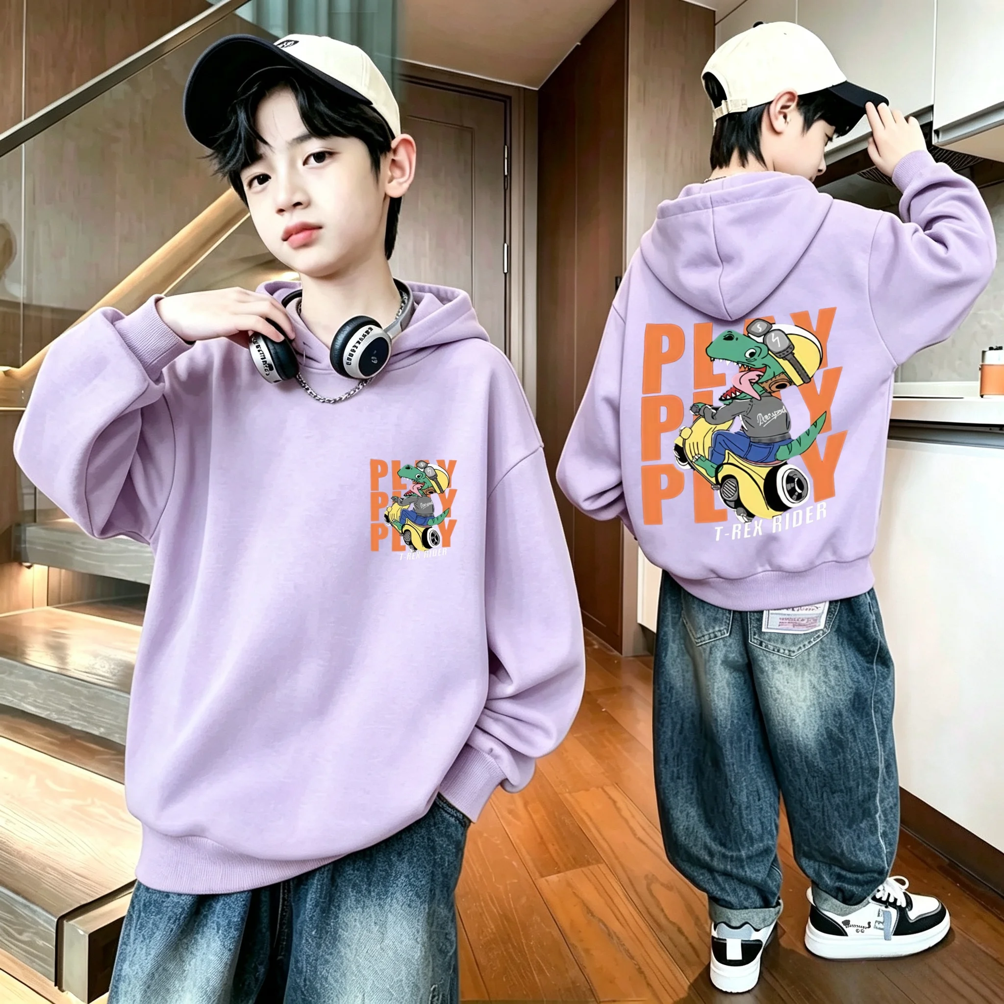 The latest children's cartoon dinosaur motorcycle printed loose-fitting hooded hoodie. Boys' and girls' trendy pullover hoodie.