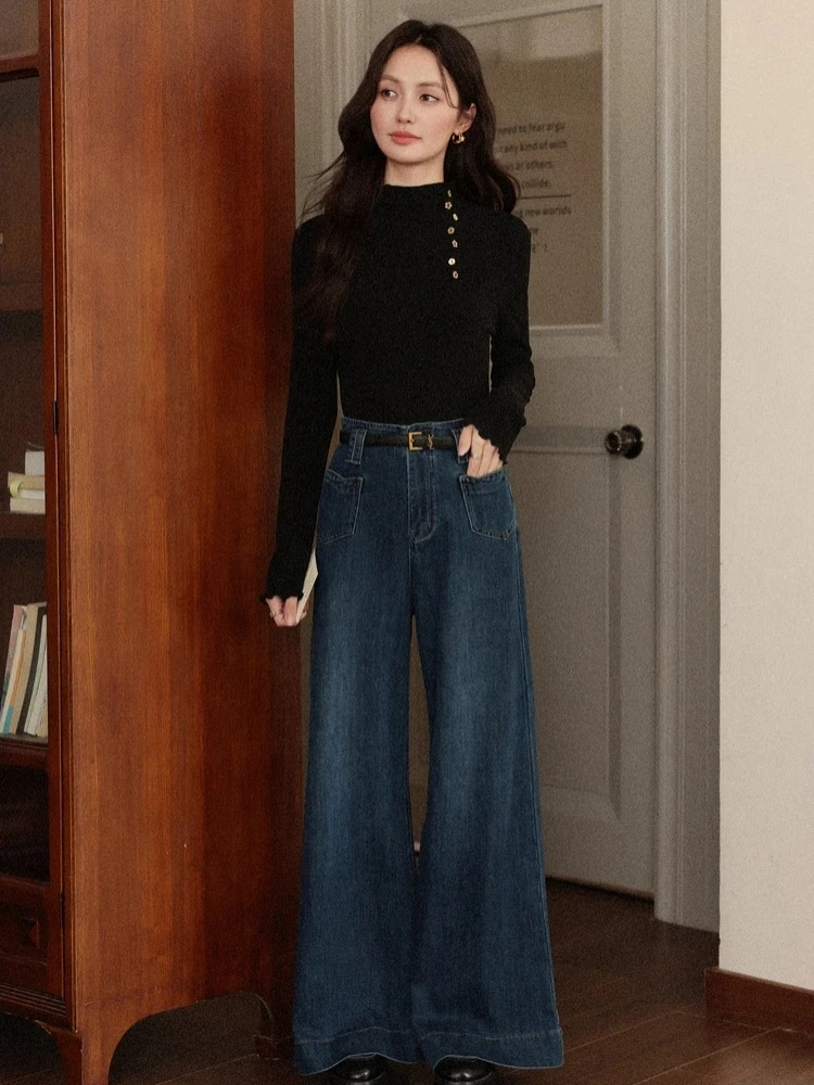 ALXNAN Women's Long-sleeve T-Shirt 2025 New Autumn Inner Lining Turtleneck Button Decoration Slim Versatile Pullover L57528-1