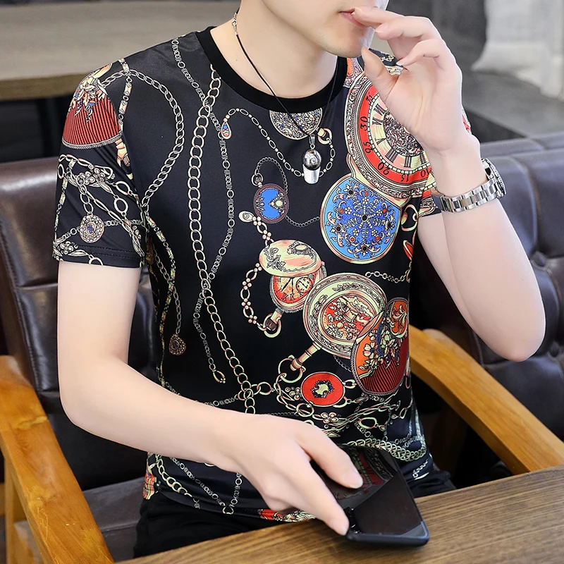 Luxury Gold Fancy Mens Short Sleeve Shirts Chain Horse Printed 2022 Summer Designer Clothing Unusual Products Party Club Wear