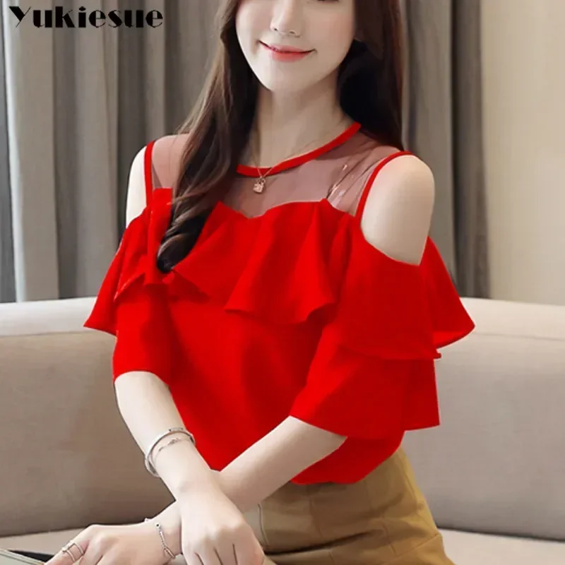 Blusa blanca de gasa de manga corta para verano, camisa con hombros descubiertos, para mujer