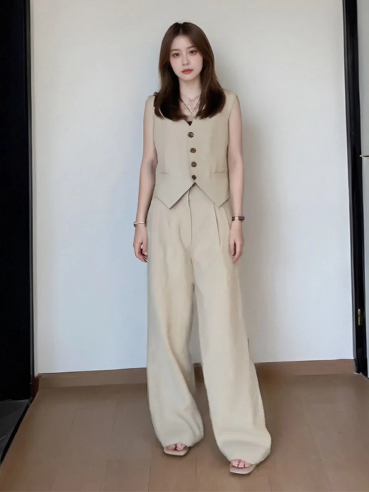 

Summer Fashion Set Women's Stylish Slim Fit Suit Vest Wide Leg Pants Two Piece Set V Neck Long Pants Workwear Student Uniform