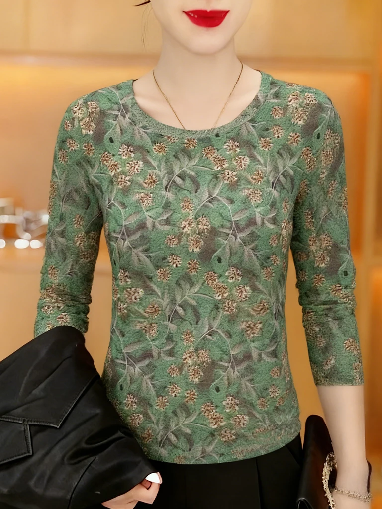 

Elegant Plant Print Long Sleeve round Neck Slim Fit Top for Women Breathable Polyester Fiber Casual Wear Outerwear T-Shirt