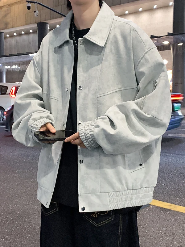 

Men's Suede Jaet Casual Flip Collar Oversize Zipper Closure American Sle Trendy Outerwear Breathable Polyester Fiber