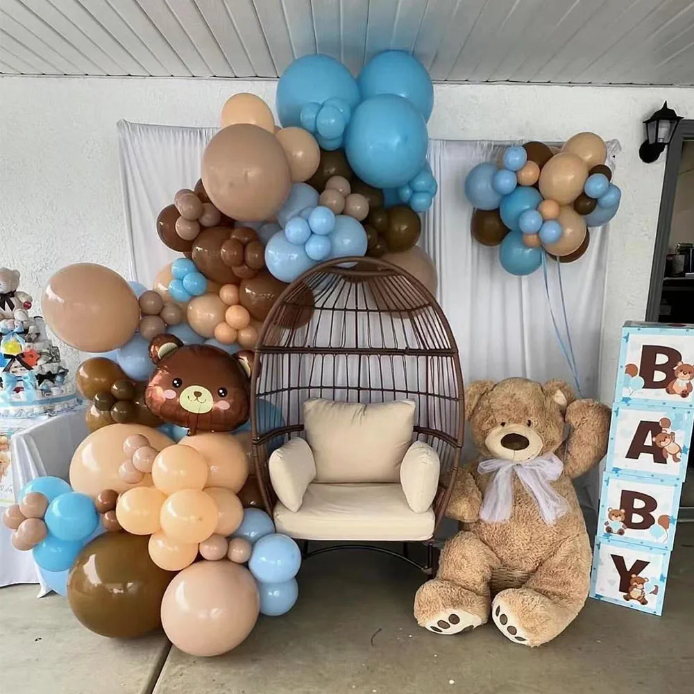 

115pcs Brown Blue Balloon Garland Arch Kit Bear Baby Shower Decoration with Boho Brown Skin Color for Gender Reveal Party Decors