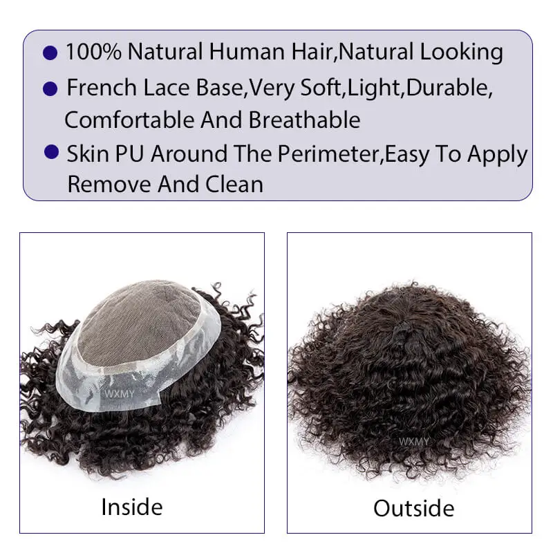 Peluca rizada de cabello humano Natural para hombres, tupé de encaje francés, prótesis de cabello masculino, Australia, 10mm, sistemas de reemplazo