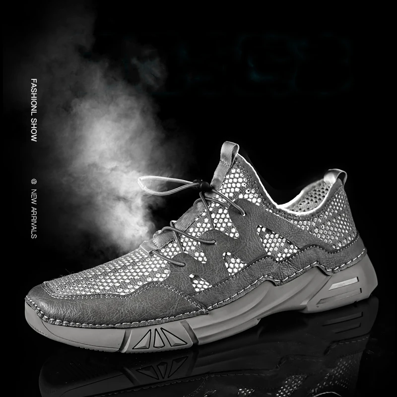 

Summer New Breathable Casual Shoes Men Slip-on Walking Flats Fashion Big Size 46 Sandlas Outdoor Mesh Hiking Footwear Black Gray