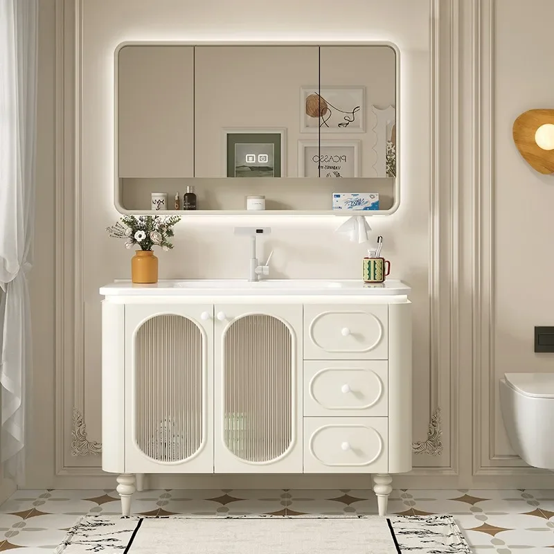 

Modern Minimalist White Bathroom Cabinets Ceramic Integrated Basin Solid Wood Floor Vanity Cabinet with Sink Bathroom Furniture