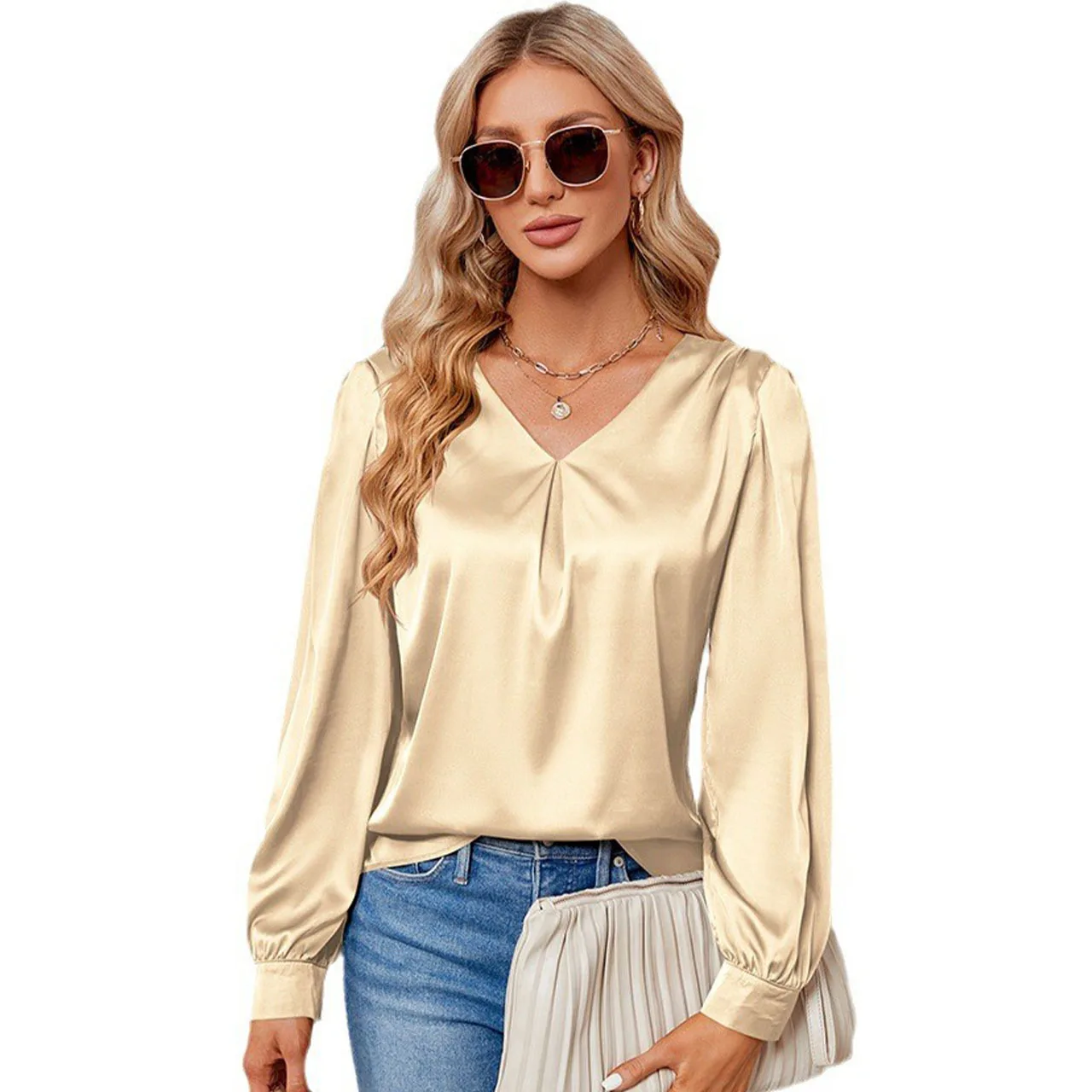 YJKDKY 2024 Spring Autumn Women's Tops Female Satin Pleated Long Sleeved Top V-neck Shirt Smooth Soft T-shirt With Sleeve