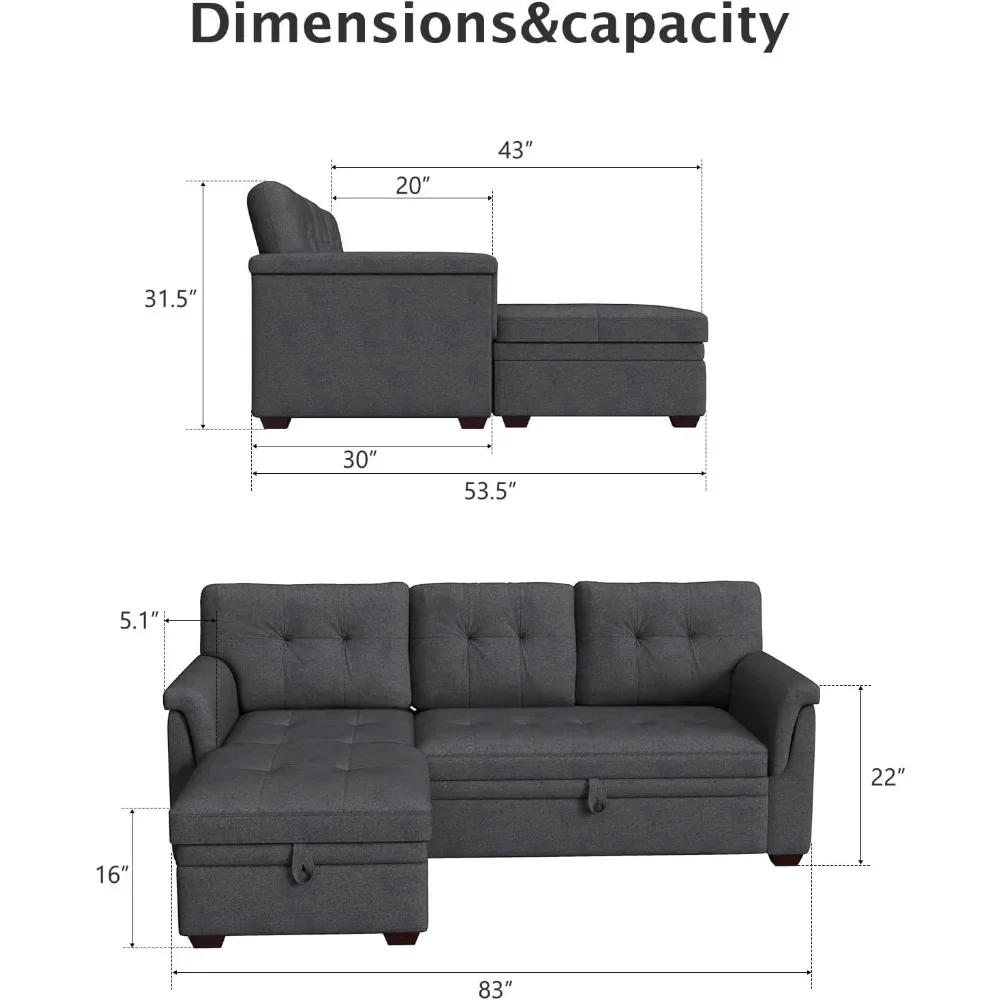 Sofa 84inch L Shaped Sleeper of Convertible Lounge Pull Out Couch Bed and Storage Chaise for Home Living Room