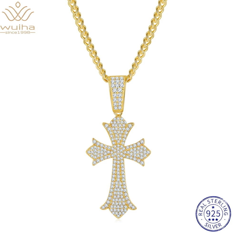 

WUIHA HipHop Rock Punk 925 Sterling Silver D Moissanite Diamond Cross Pendant Necklaces for Women Men Gift Iced Out Fine Jewelry