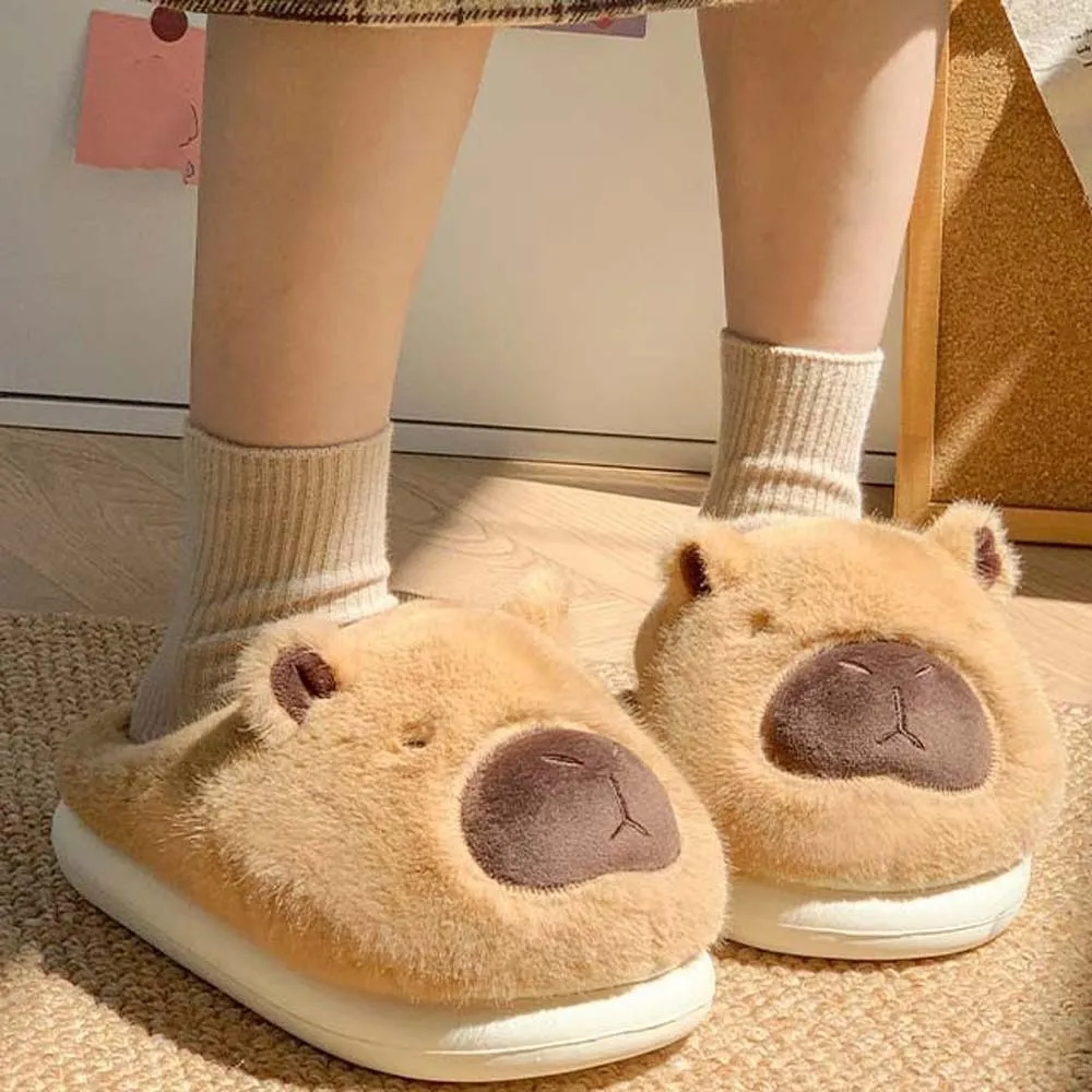 Soft Capybara Furry Slippers EVA Thickened Cartoon Cotton Slippers Anti-slip Cute Warmer Home Cotton Shoes Cold Weather