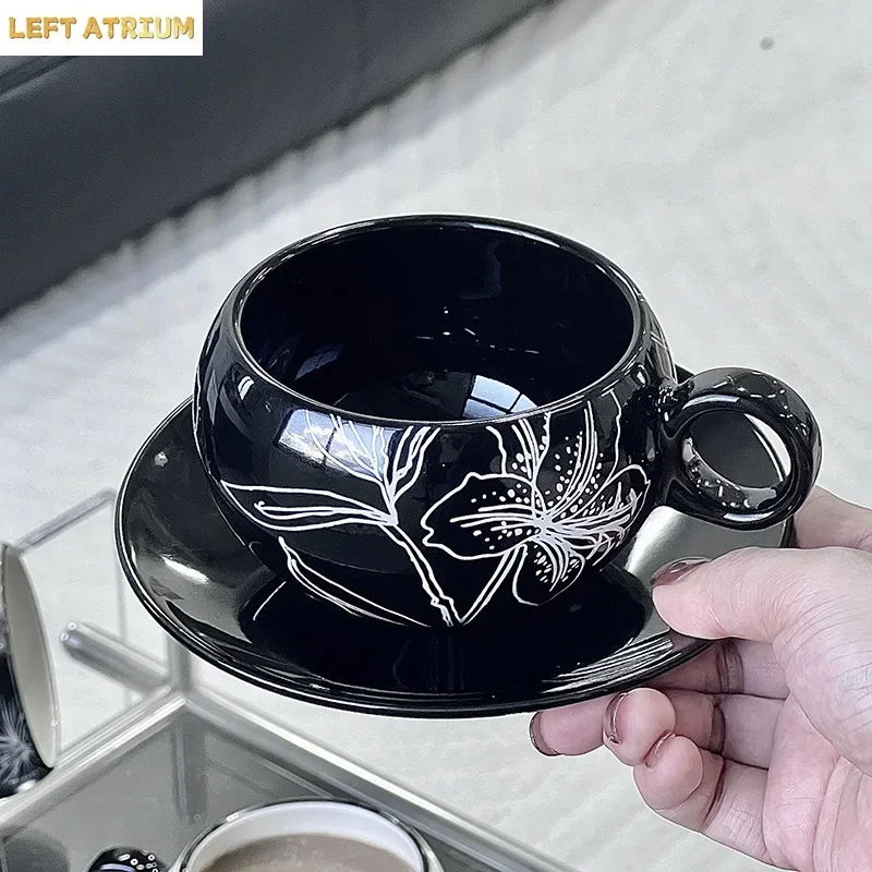 French retro big flower ceramic coffee cup saucer exquisite design latte cup high value afternoon