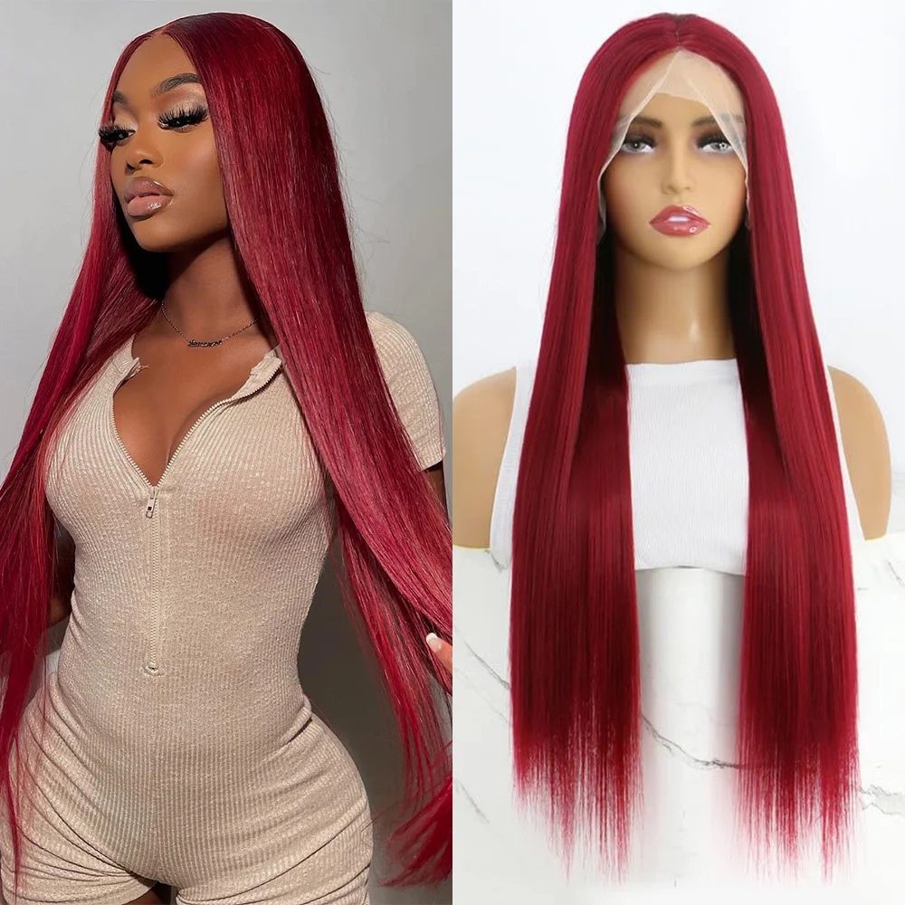 

13x3 Long Wavy Colored Wigs Burgundy Lace Front Wigs for Black Women Glueless Synthetic Lace Wig for Daily Use Heat Resistant