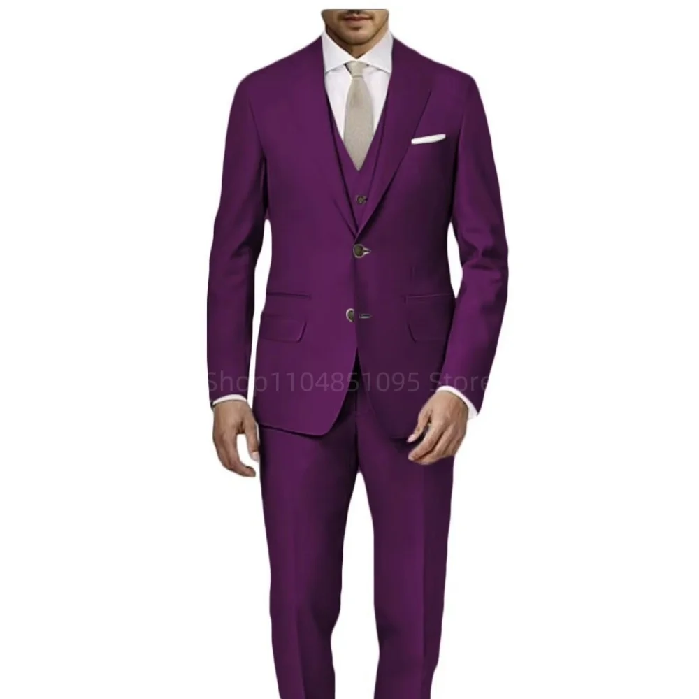 Elegant Slim Fit Men's 3 Piece Suit Set  Two Buttons High Quality Business Wedding Male Clothing Blazer Jacket Vest Pants