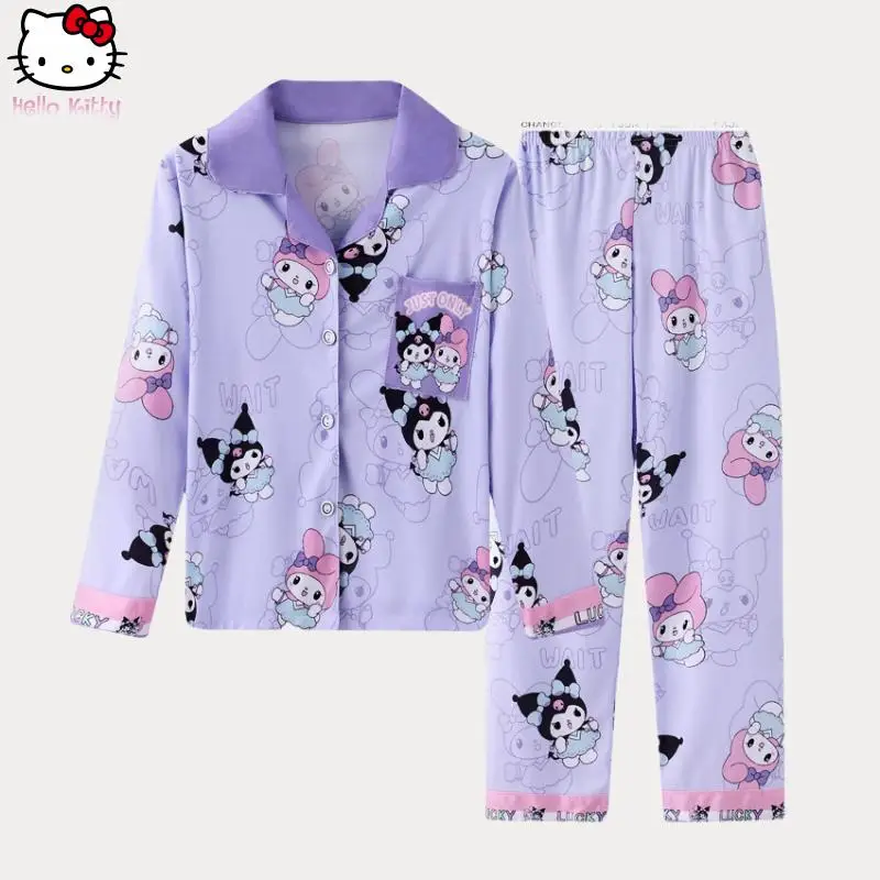 

Kawaii мультфильм для девочек Hello Kitty Kuromi пижамный комплект с длинными рукавами аниме весна осень новый кардиган Sanrio домашняя одежда брюки