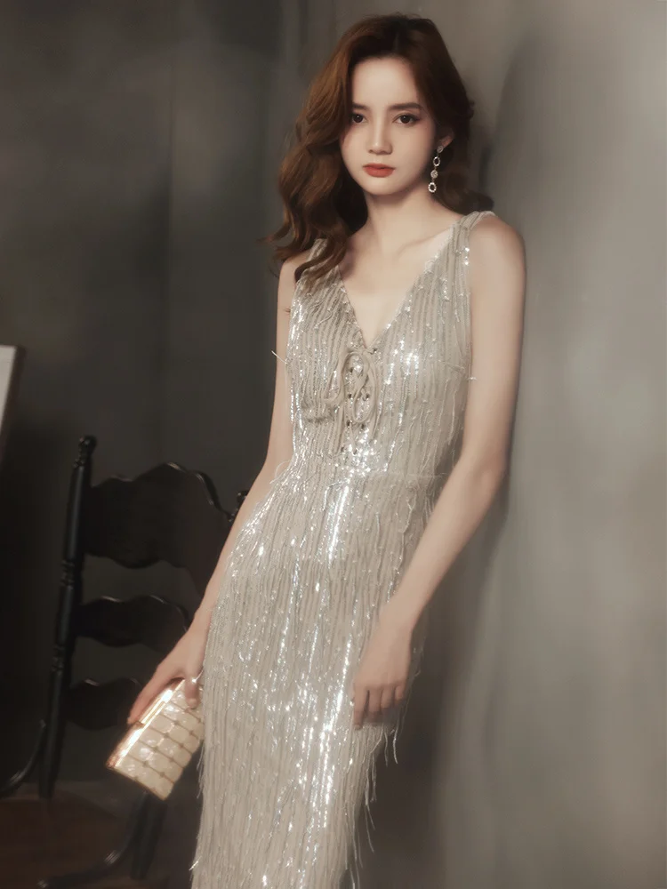 Silver Evening Dresses for Women 2023 New Style Temperament Celebrity Banquet High Sense Light Luxury Small High End High