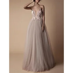 Spring Autumn Bridal Wedding Dress Women's Lace Mesh Applique Dress Women's Sexy V-neck Spaghetti Strap Party Formal Dress