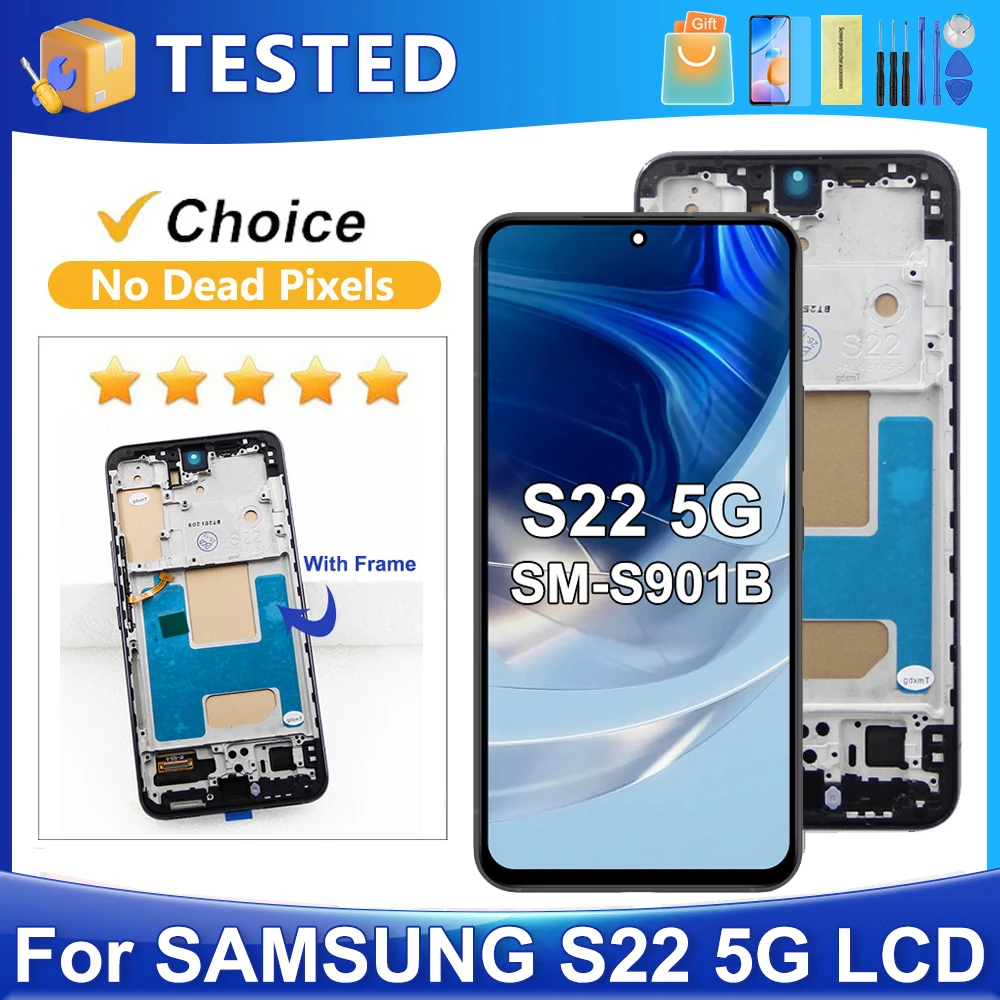 

S22 для Samsung протестировано для S22 5G S901B S901U S901W S901N S901E ЖК-дисплей с цифровым преобразователем сенсорного экрана в сборе, замена