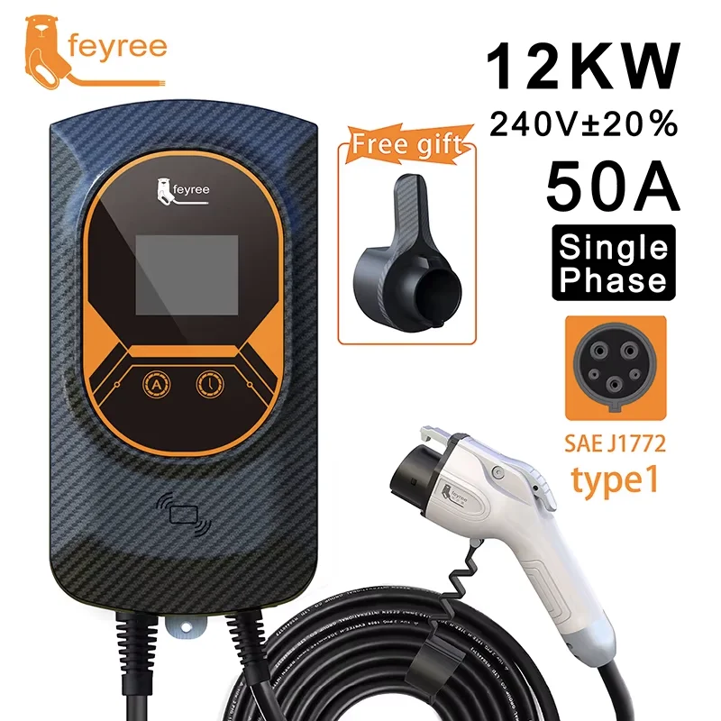 feyree EVSE Wallbox 50A 12KW 1Phase EV Charger Type1 Cable J1772 Socket Wallmounted Charging Station for Electric Vehicle Car