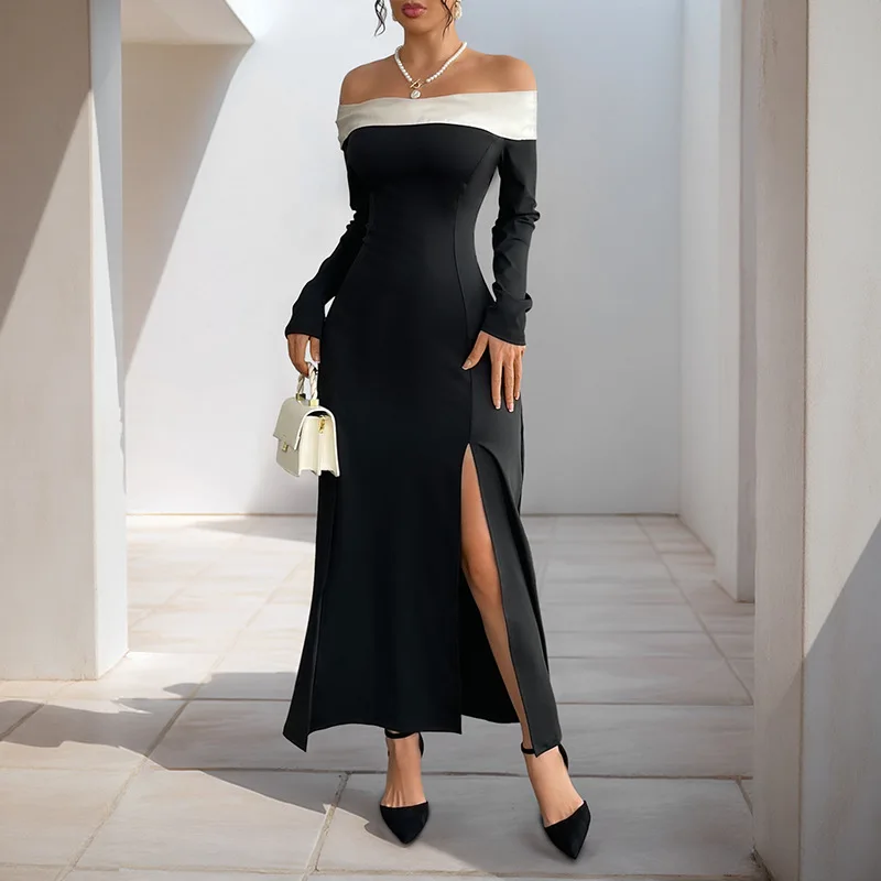 Women Off Shoulder Dress Sexy Party Bodycon Night Dresses Female Long Sleeve Elegant Ladies Color Blocking Splice Gown Outfit